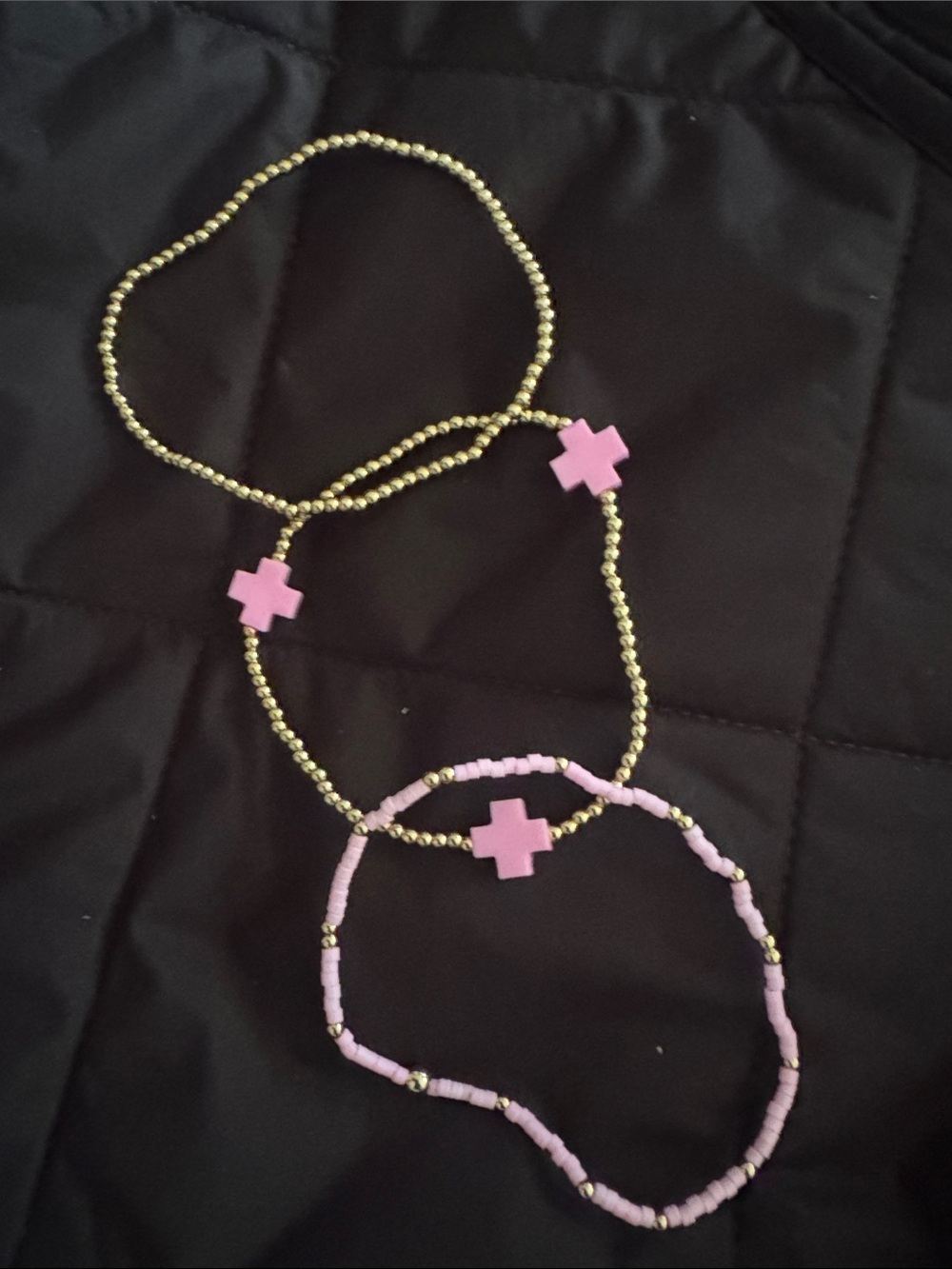 Gold and Pink Beaded Cross Bracelet Set